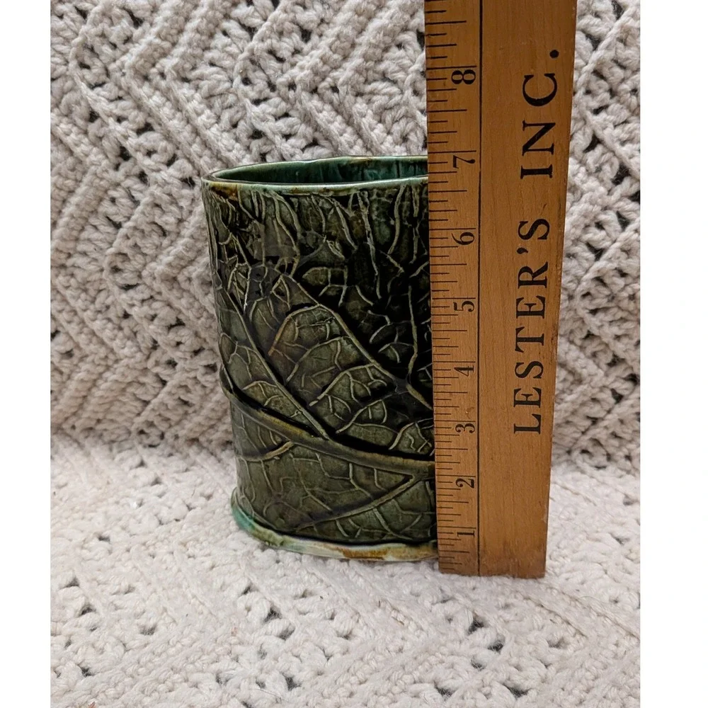 Studio Pottery Green Leaf Relief Vase Handcrafted Ceramic Nature Vessel 5.5